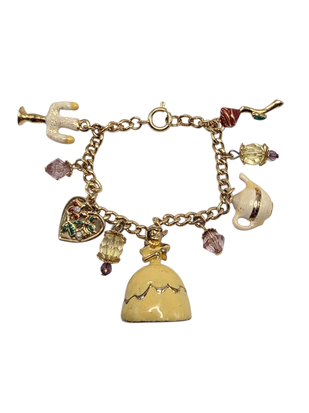 Vintage Walt Disney Beauty Charm Bracelet Goldtone Enamel 6" Long